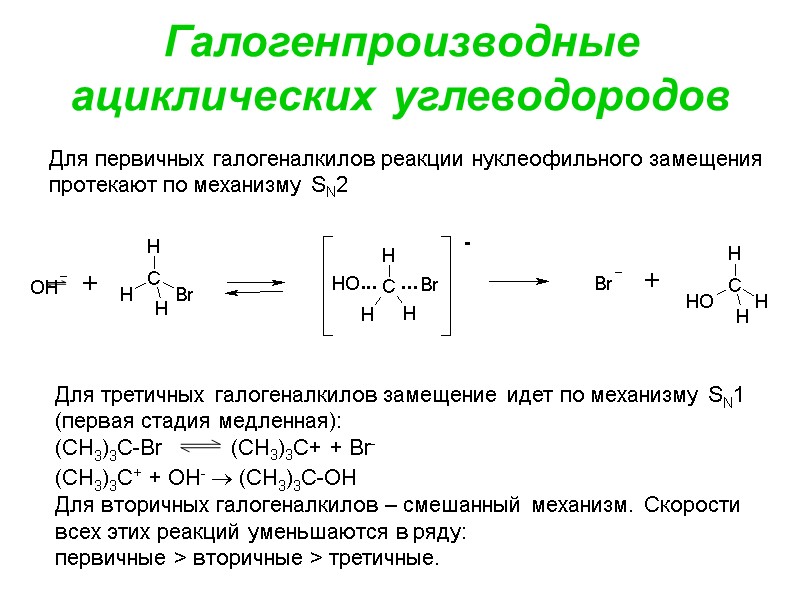 Галогенпроизводные ациклических углеводородов Для первичных галогеналкилов реакции нуклеофильного замещения  протекают по механизму SN2